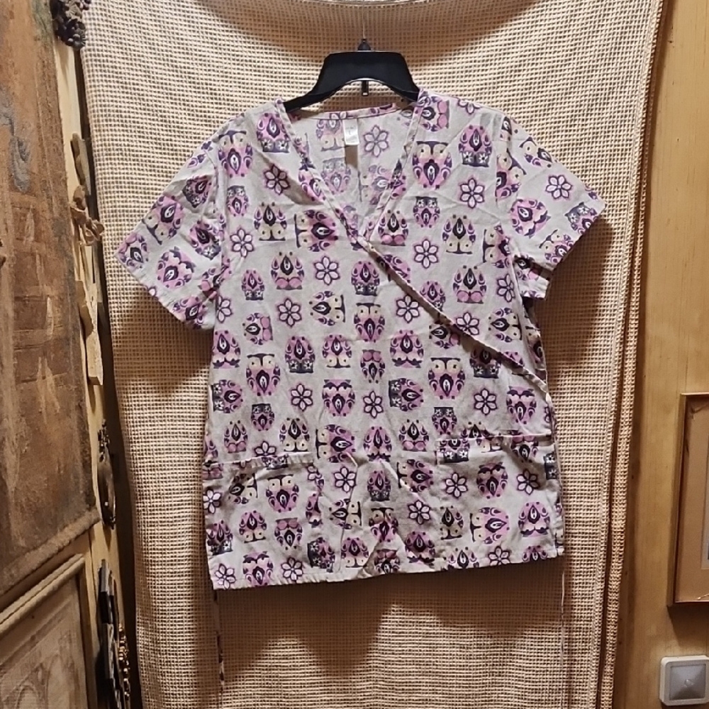 just be Lavender Owl & Floral Print Scrub Top